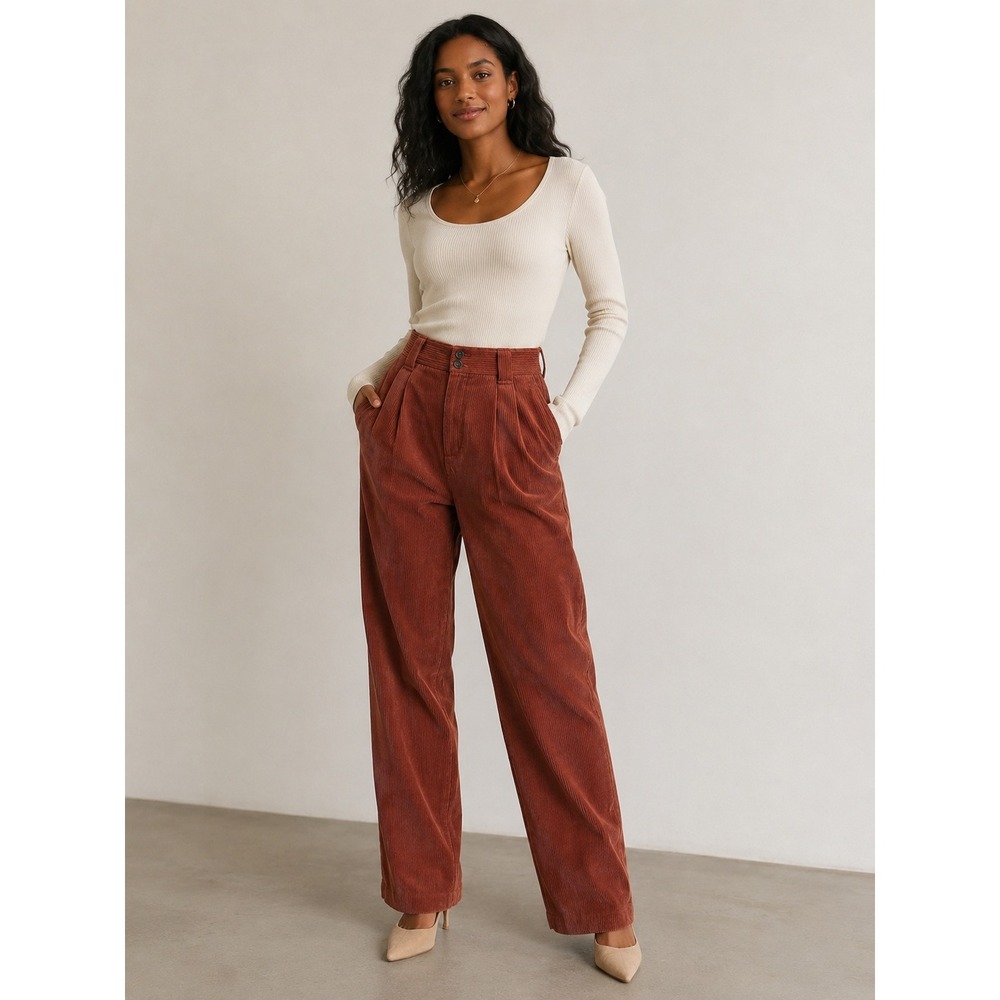 Madewell Corduroy High Rise Pleated Trousers Women 2 Rust Flap Pockets Preppy